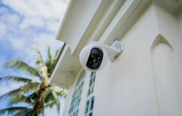 Modern CCTV camera on a wall of a residential building.