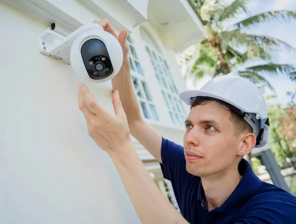 Technicien Installe Une Caméra Vidéosurveillance Sur Façade Immeuble Résidentiel — Photo