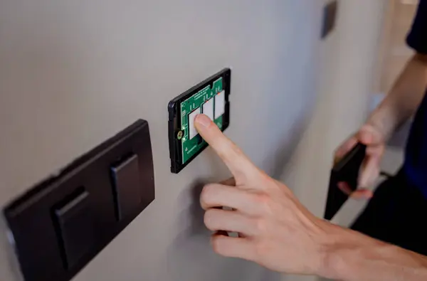Technician Installing Sensor Light Switch Modern Villa — Stock Photo, Image
