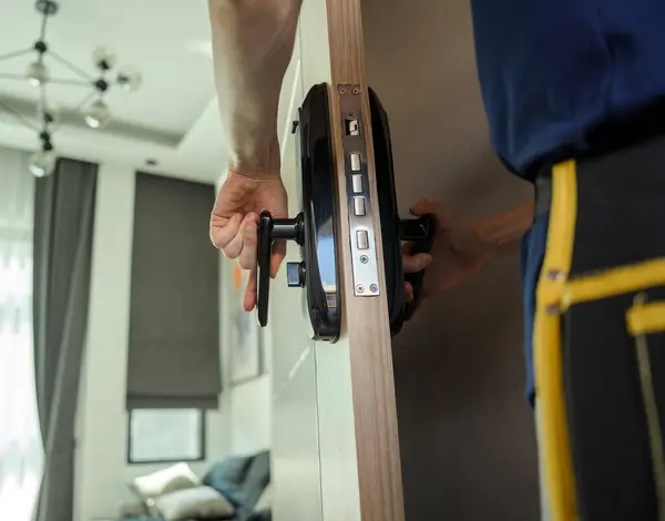 Technician Installs Modern Smart Door Lock Wood Door — Stock Photo, Image