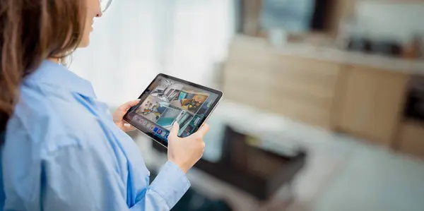 Young Woman Looking Home Security Cameras Tablet Computer — Stock Photo, Image