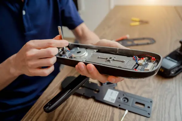 Technician Assembles Installs Smart Electronic Door Lock House Protection — Stock Photo, Image