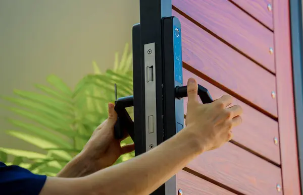 Technician Installs Modern Smart Door Lock Wood Door — Stock Photo, Image