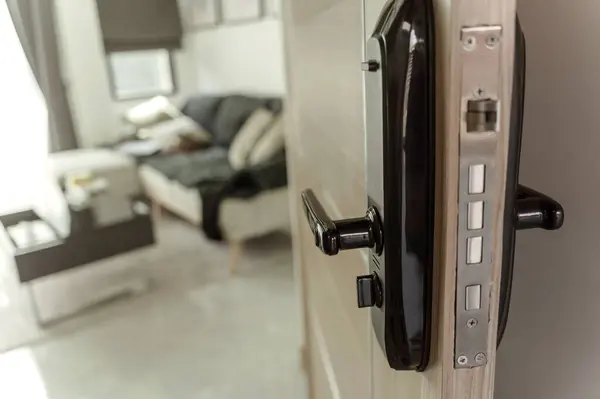 Modern Smart Door Lock Wooden Door Cozy Apartment — Stock Photo, Image