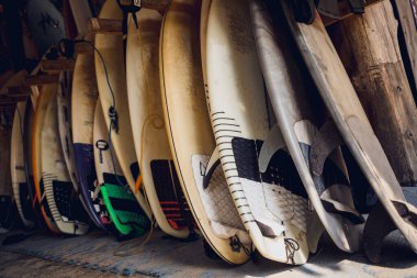 Çeşitli sörf tahtaları tezgahta düzgünce sergileniyor..