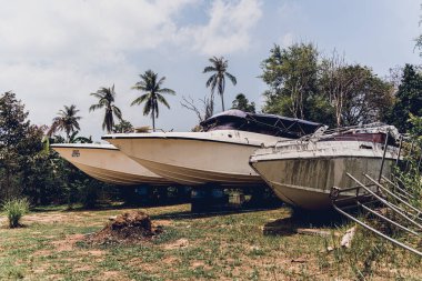 Tropikal ormanlarla çevrili eski ve paslı motorlu tekneler..