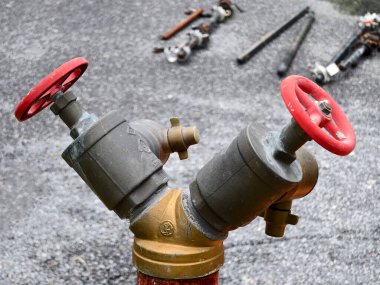 Canlı kırmızı saplı bir yangın musluğunun ayrıntılı görüntüsü..