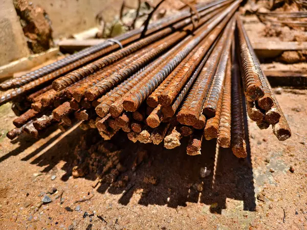 stock image Sturdy steel rebars at a construction site.