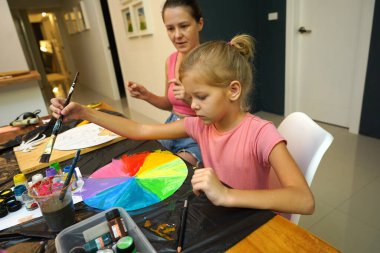 Bir anne ve küçük kızı, yaratıcılığı teşvik eden renkli bir resim faaliyetinde bulunuyorlar.