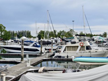 Huzurlu ve huzurlu bir yat limanı sahnesi. Çeşitli tekneler ve uzun deniz fenerleri var.
