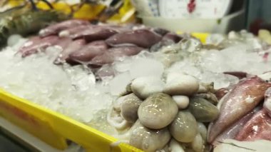 Asya pazarında çeşitli deniz ürünleri satılır..