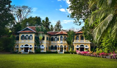 Geniş, sarı bir ev, büyük bir parkla çevrili..