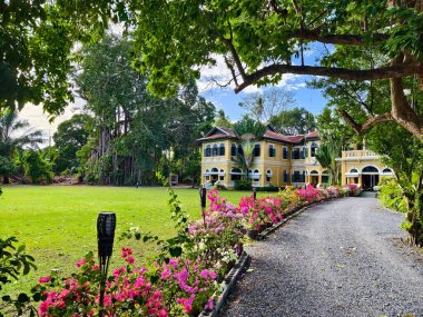 Geniş, sarı bir ev, büyük bir parkla çevrili..