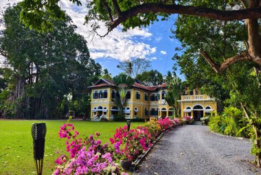 Geniş, sarı bir ev, büyük bir parkla çevrili..