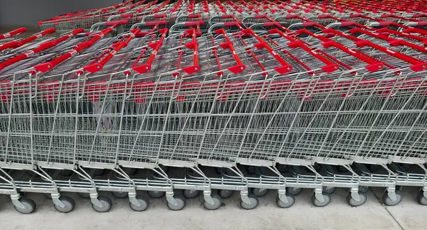 Bir sıra alışveriş arabası düz bir sıraya dizilmiştir..