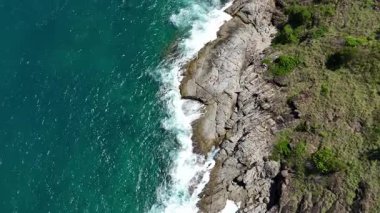 Göz kamaştırıcı bir hava manzarası, yemyeşil ağaçlar ve okyanuslarla çevrili pitoresk bir plajı sergiliyor..