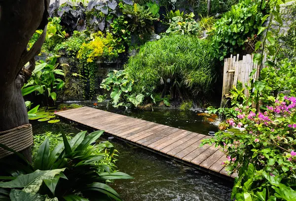 Büyüleyici bir ahşap köprü, sakin bir bahçede sakin bir gölet boyunca uzanır..