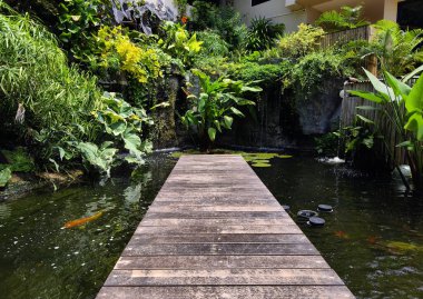 Büyüleyici bir ahşap köprü, sakin bir bahçede sakin bir gölet boyunca uzanır..