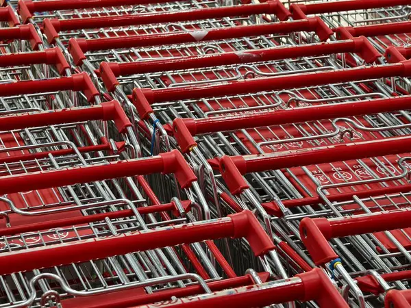 Bir sıra alışveriş arabası düz bir sıraya dizilmiştir..