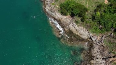 Göz kamaştırıcı bir hava manzarası, yemyeşil ağaçlar ve okyanuslarla çevrili pitoresk bir plajı sergiliyor..