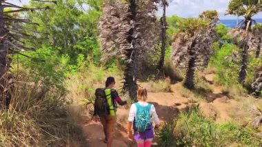 Genç bir çift okyanus manzarası sunan engebeli kayalık bir uçurumda yürüyüş yapıyor..