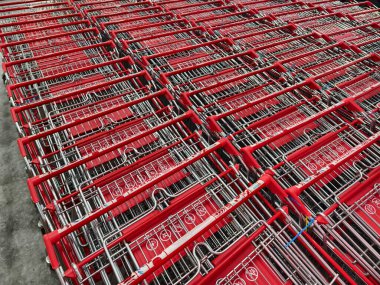 Bir sıra alışveriş arabası düz bir sıraya dizilmiştir..