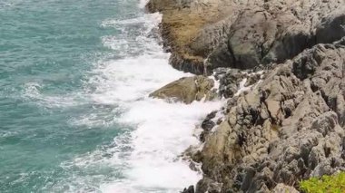 Turkuaz su, kayalık kayalıklar ve yemyeşil tepelerle güzel bir sahil şeridi.