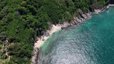 Göz kamaştırıcı bir hava manzarası, yemyeşil ağaçlar ve okyanuslarla çevrili pitoresk bir plajı sergiliyor..