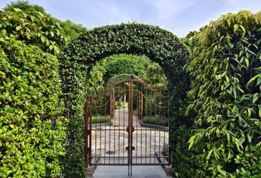 Süslü bir kapı, yemyeşil bir çitle çevrili..