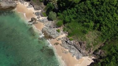 Göz kamaştırıcı bir hava manzarası, yemyeşil ağaçlar ve okyanuslarla çevrili pitoresk bir plajı sergiliyor..