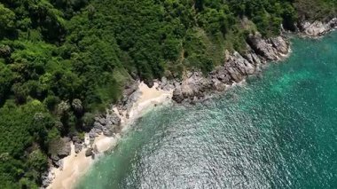 Göz kamaştırıcı bir hava manzarası, yemyeşil ağaçlar ve okyanuslarla çevrili pitoresk bir plajı sergiliyor..