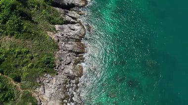 Göz kamaştırıcı bir hava manzarası, yemyeşil ağaçlar ve okyanuslarla çevrili pitoresk bir plajı sergiliyor..