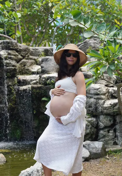 Hamile bir kadın zarif bir şekilde güzel bir şelale kayasının önünde duruyor..