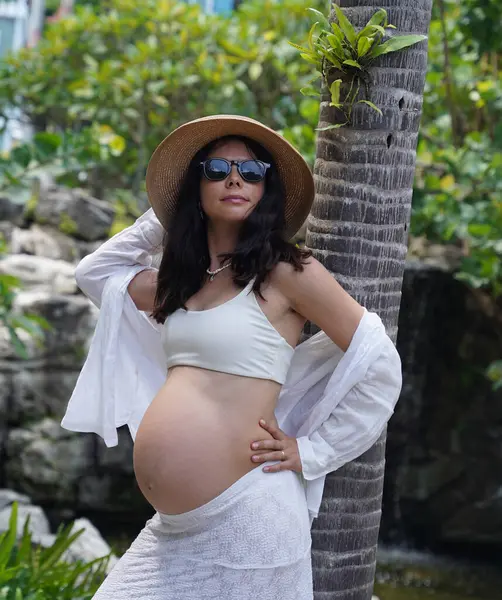 Hamile bir kadın zarif bir şekilde güzel bir şelale kayasının önünde duruyor..