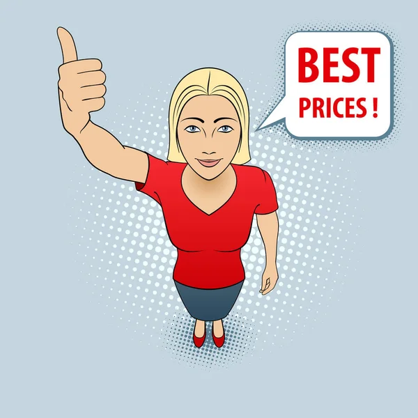 Cartoon Illustration Young Woman Red Rubaška Giving Thumbs Nejlepší Ceny — Stockový vektor