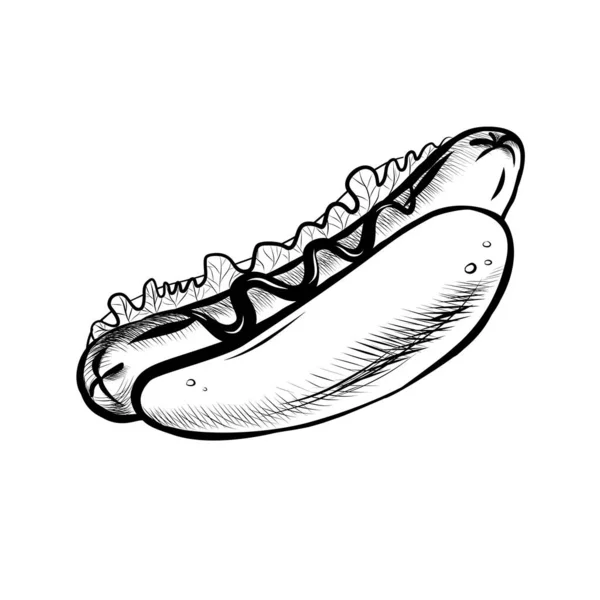 用芥末手绘的热狗涂鸦 美国传统街头食品有趣标签的卡通素描 — 图库矢量图片