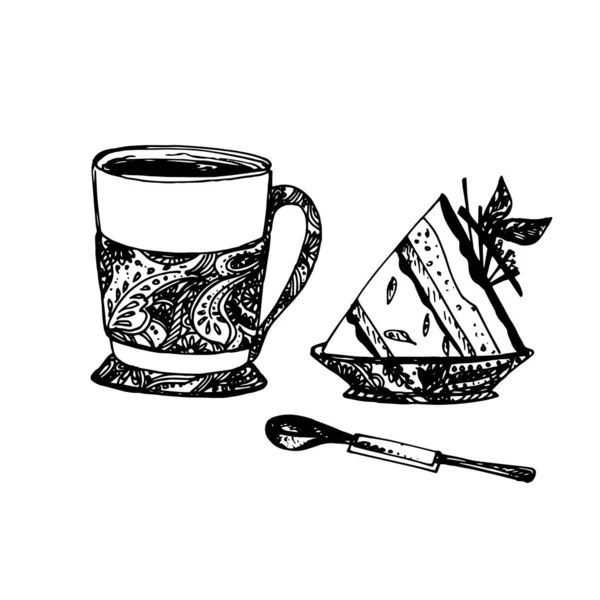 用美味的芝士蛋糕和茶匙手绘茶杯素描 古旧的素描 伟大的班纳 — 图库矢量图片