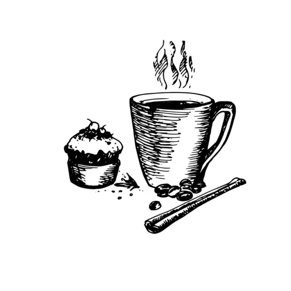 用美味的蛋糕和肉桂手工绘制咖啡杯的素描 古旧的素描 伟大的班纳 — 图库矢量图片