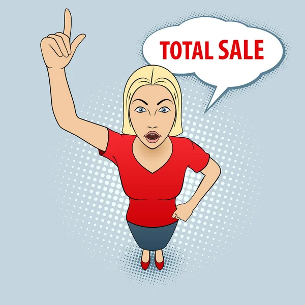 一个穿着红衫的年轻女人指着她的手指向上的例证 销售总额 — 图库矢量图片