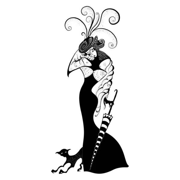 黒猫とストライプの傘のエレガントなドレスの女性 — ストックベクタ
