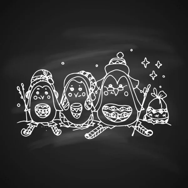 Chalk Drawing Artistic Christmas Doodle Icon Family Penguins New Year — Stock Vector