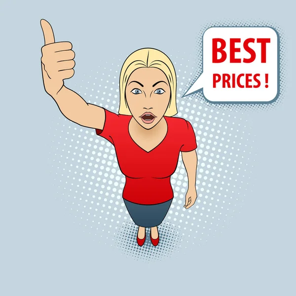Kırmızı Bluzlu Bir Kadının Başparmağını Kaldırışının Görüntüsü Fiyatlar — Stok Vektör