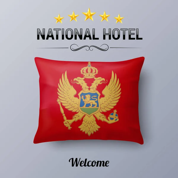シンボルナショナルホテルとしてモンテネグロの現実的な枕と旗 モンテネグロ国旗枕カバー — ストックベクタ