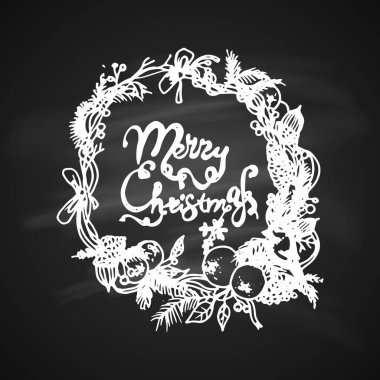 Tebeşir Çizen Sanatsal Noel Doodle Simgesi. Selamlar Çelenk. Yılbaşı Kart Tasarımı ya da Chalkboard Davetiyesi