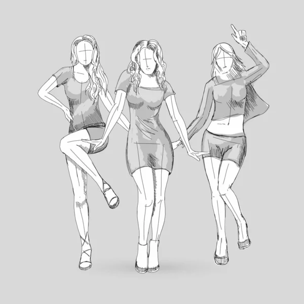 Skisser Dance Girls Illustration Silhuetter För Creative Design Mall — Stock vektor