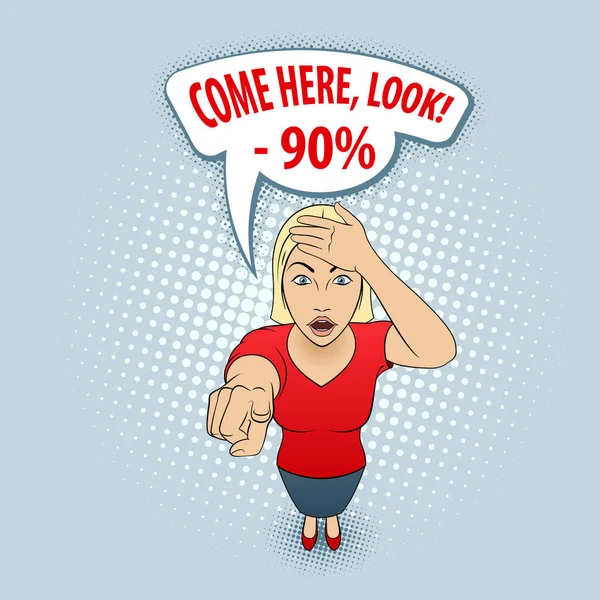 Ilustración Una Mujer Con Una Blusa Roja Señalándote Ven Mira — Vector de stock
