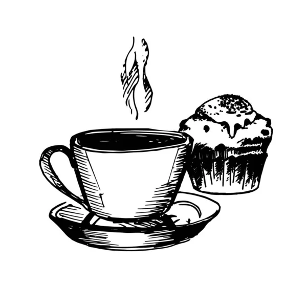 Handgezeichnete Skizze Von Kaffeetasse Und Kuchen Vintage Sketch Ideal Für — Stockvektor