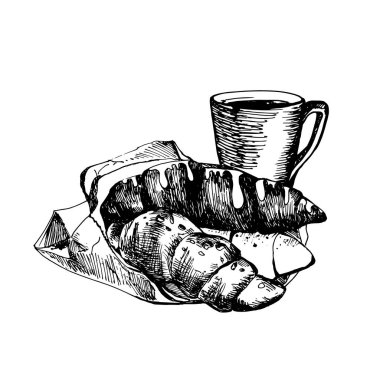 Kruvasan ve kahve fincanının el çizimi taslağı. Klasik Sketch. Banner, Etiket, Poster için harika