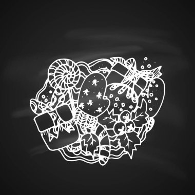 Tebeşir Çizen Sanatsal Doodle Simgesi. Noel hediyeleri. Yılbaşı Kart Tasarımı ya da Chalkboard Davetiyesi