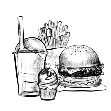 Big Hamburger or Cheeseburger, Soda Cup with Straw and Lid, Cake and French Fries. Isolated on a White Background. Realistic Doodle Cartoon Style Hand Drawn Sketch Illustration